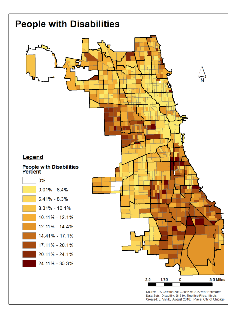 Image is of a color-coded map of chicago, with different colors indicating the number of people with disabilities in various Chicago neighborhoods.