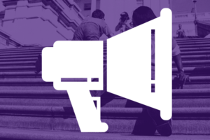 Purple background with an illustration of a white bullhonr.