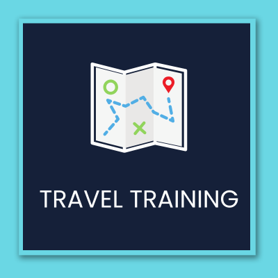 Icon of a map. Text reads, "Travel training."