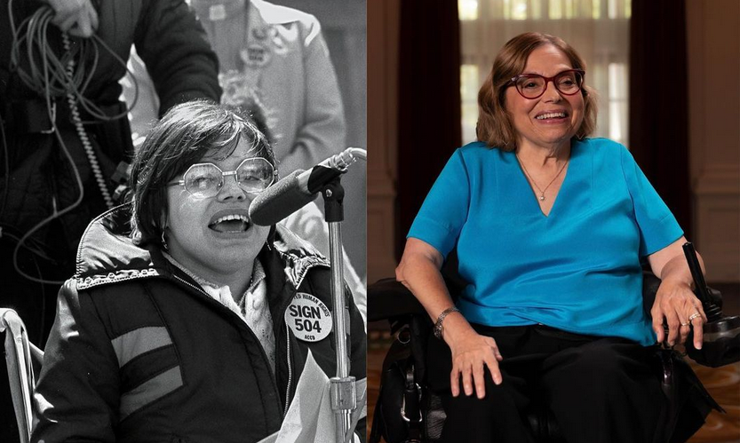 Side by side images of Judy Heumann. Left, a black and white photo of Judy as a young activist speaking at a rally. Right, a color photo of mature Judy giving an interview. 