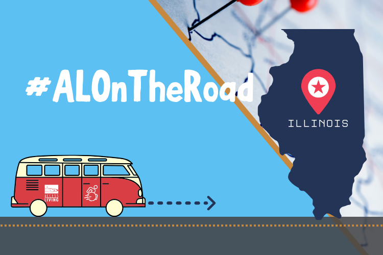 An illustration of a vintage bus driving towards an outline of the state of Illinois and a road map. Text reads "#ALOnTheRoad"