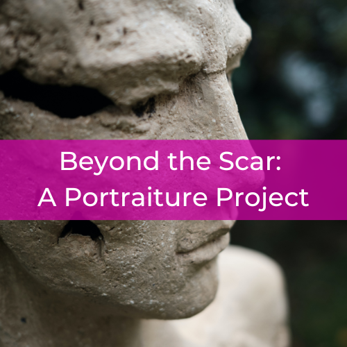 White text on a pink ribbon that cuts through the center. Text reads "Beyond the Scar: A Portraiture Series." Background image is a closeup on the face of a gray stone sculpture. The face has significant imperfections and damage to the temple and cheek.
