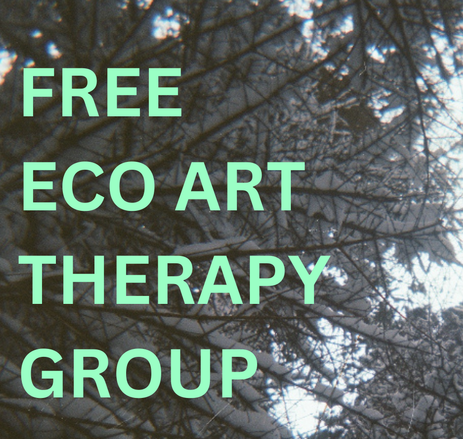 Light green text on a gray background. Background is a black and white photograph of wintertime trees shot from below, looking skyward. Small bits of sky are visible between the crisscrossing snow-covered branches. Text reads: "Free Eco Art Therapy Group."