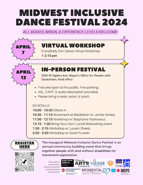 Black text on pink background with beige text boxes. Text on flyer includes Midwest Inclusive Dance Festival event details, transcribed in the event listing. Along the bottom is a QR code that when scanned takes you to the event registration form, and logos for the event sponsors. On the right side of the flyer, there is a photo showing three dancers facing each other, seated in wheelchairs. The dancers are generating movement using their arms and hands.