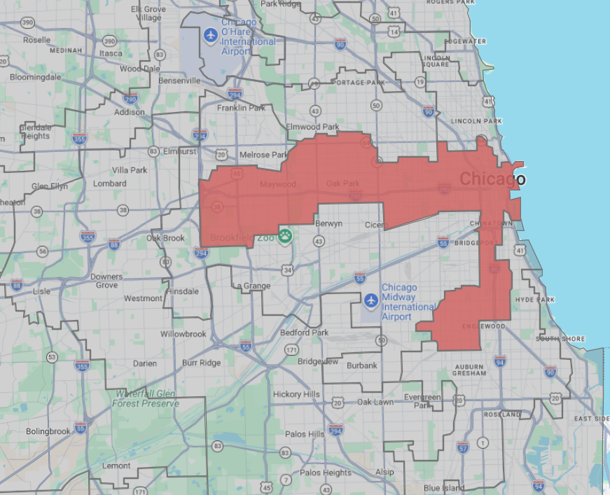 Map of Illinois with the 7th Congressional District highlighted in red.