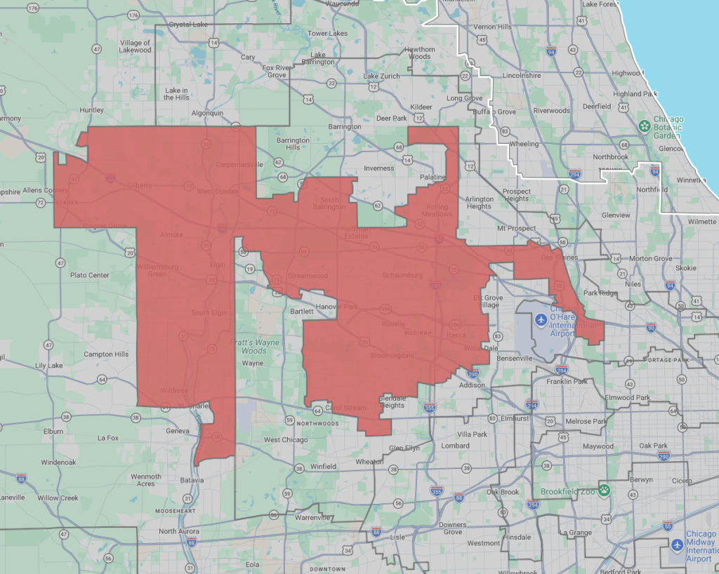 Map of Illinois with 8th Congressional District highlighted in red