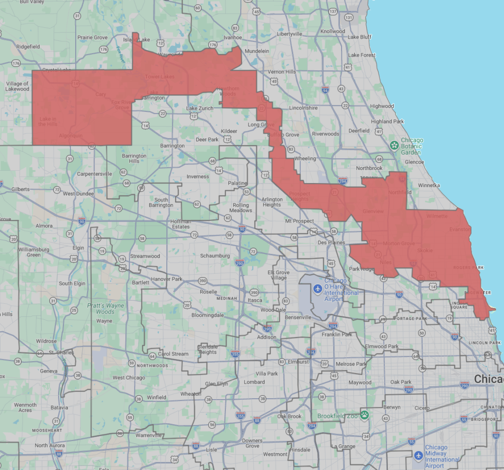 Map of Illinois with the 9th Congressional District highlighted in red.