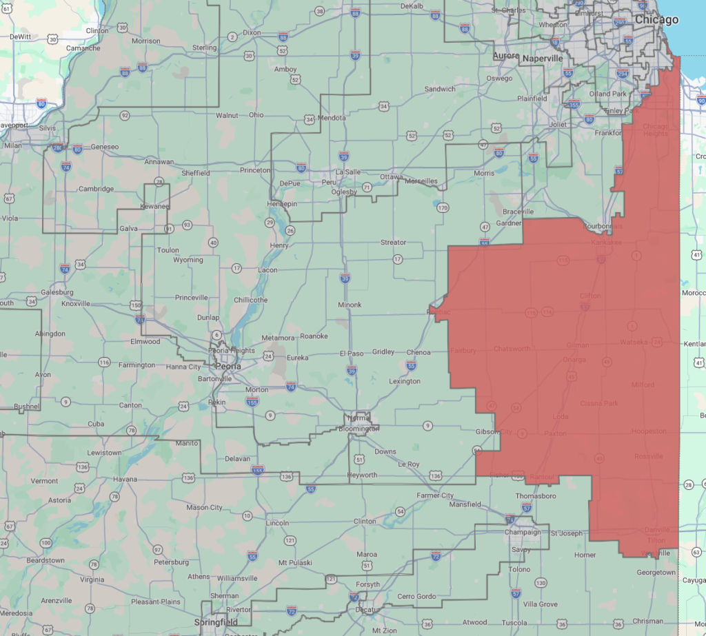 Map of Illinois with the 2nd Congressional District highlighted in red.