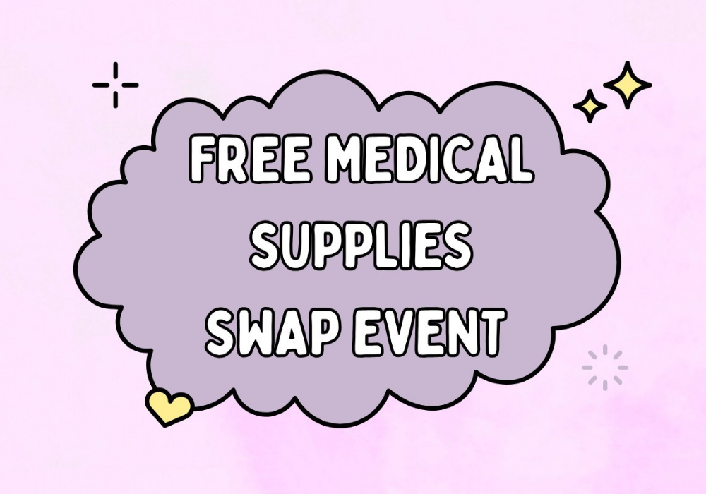 Medical Supplies Swap Event in bubble letters on top of a purple cloud against a pink background with sparkles